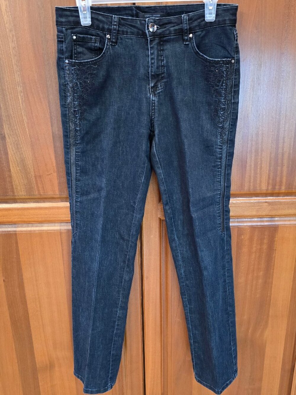 SIMON CHANG Denim black embroidered stretch